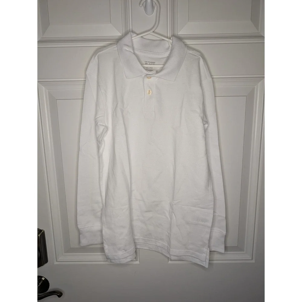 The Children's Place Boys Size Large 10-12 White Long Sleeve Uniform Pique Polo